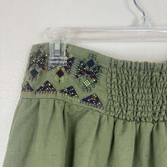 Anthropologie Maeve Embroidered Linen Cotton Button Front Smocked Skirt Green 6 - Picture 13 of 16
